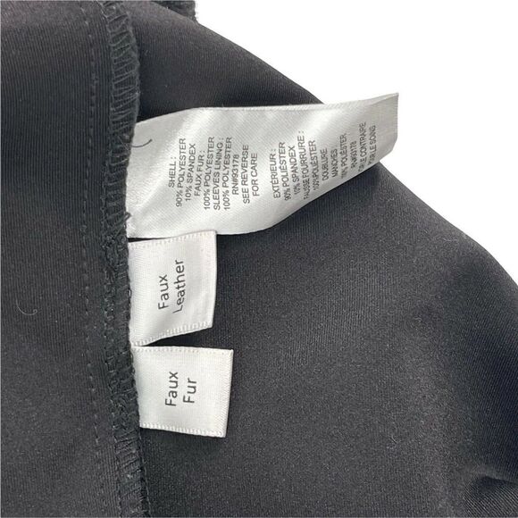 T Tahari Black Coat Draped Open Front Faux Fur Trim Vegan Microsuede Chic Size L - Picture 10 of 10